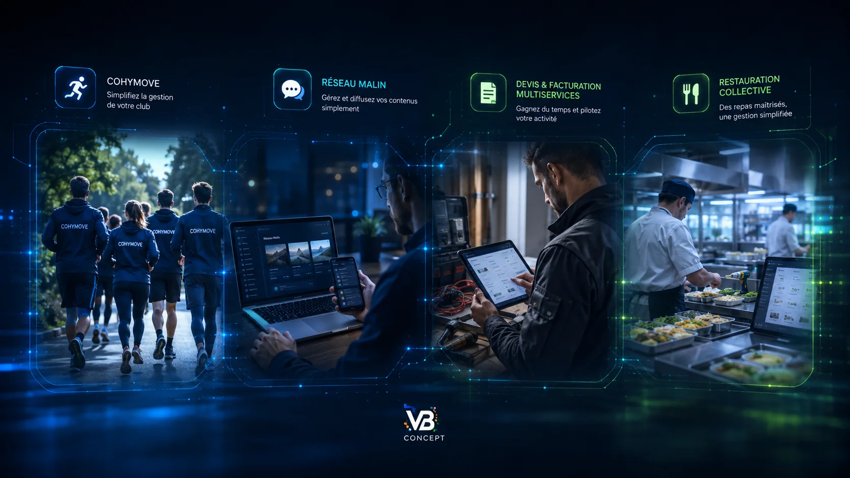 Les quatre univers professionnels de VB CONCEPT : sport, communication, multiservices et restauration collective